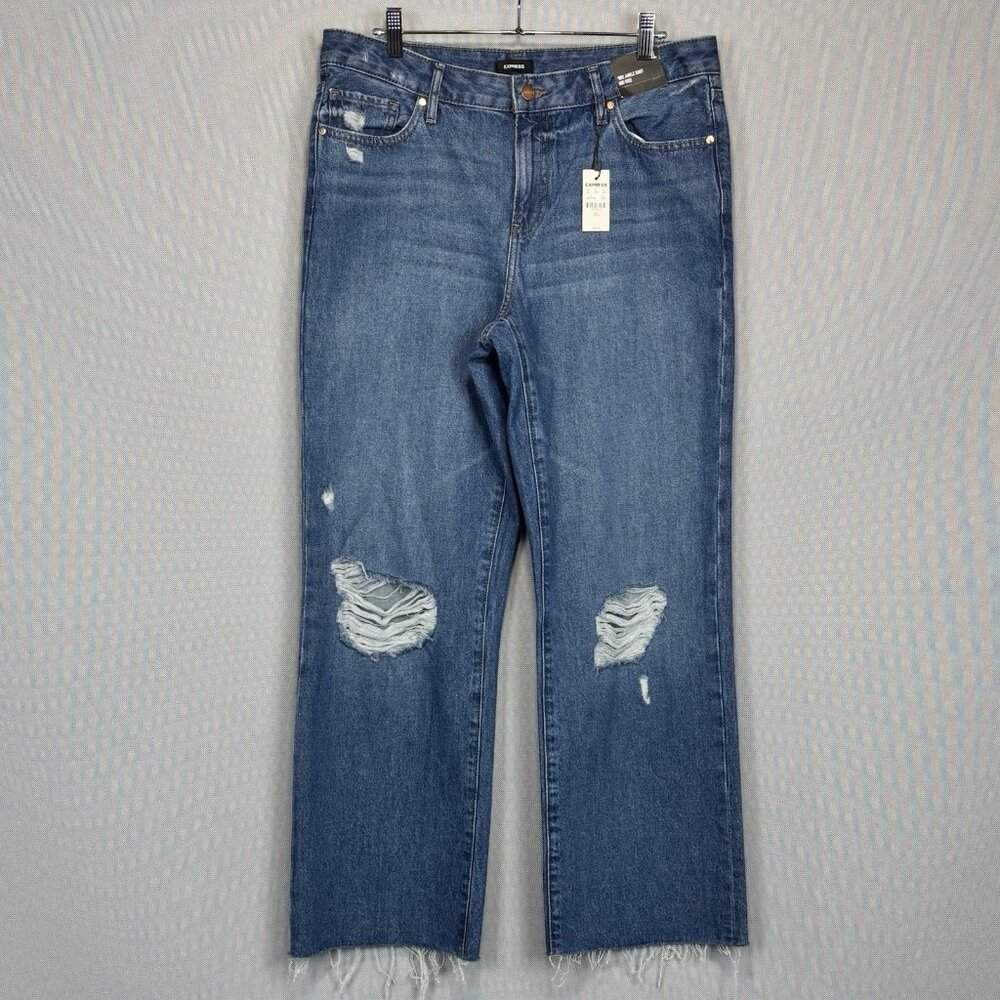 Express Jeans Women 10L Blue 90s Ankle Boot Mid Rise Distressed Fray Hem NWT